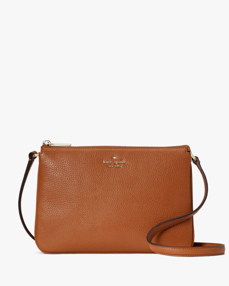 Kate Spade,Leila Triple Gusset Crossbody,Leather,Crossbody,Metal,Logo,Gusset,Casual,Brown