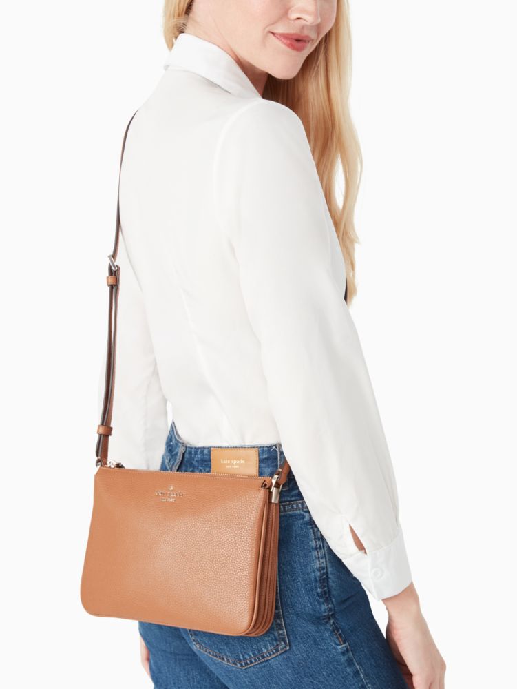 Kate Spade,Leila Triple Gusset Crossbody,Leather,Crossbody,Metal,Logo,Gusset,Casual,Brown