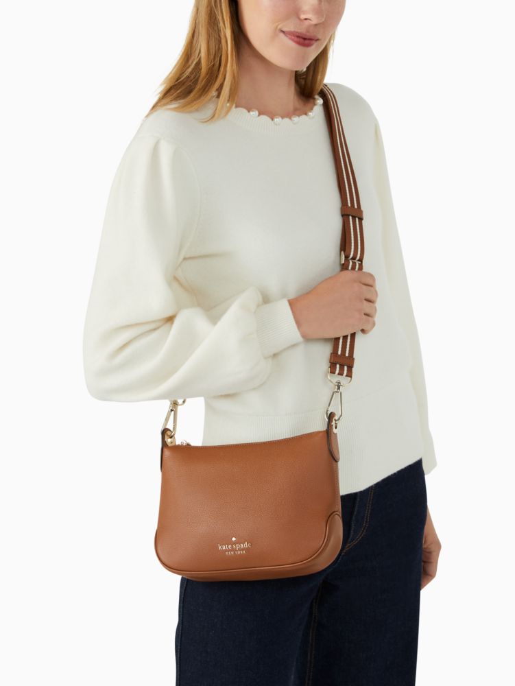 Kate Spade,Rosie Medium Crossbody,Leather,Crossbody,Metal,Logo,Stripe,Lined,Casual,Brown