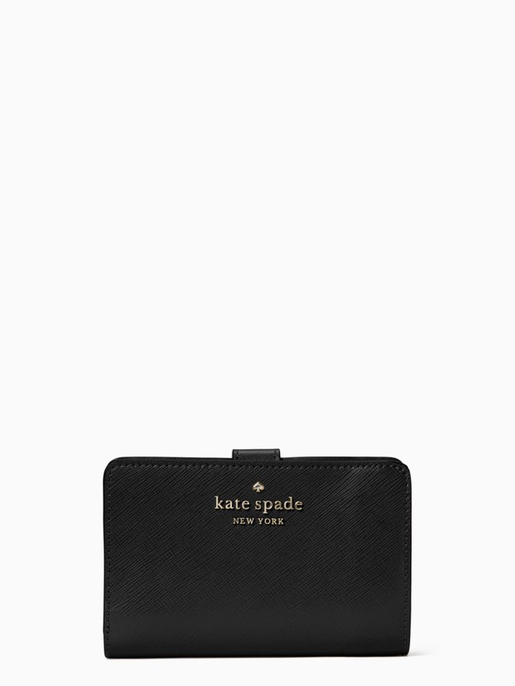 Kate Spade,Staci Medium Compartment Bifold Wallet,Leather,Bi Fold,Metal,Logo,Casual,Black