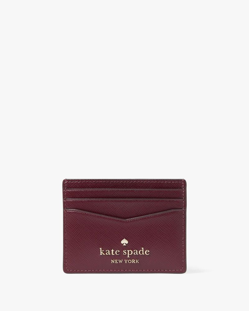 Kate Spade,Staci Small Slim Card Holder,Leather,Card Case,Metal,Logo,Silver Metal,Casual,Maroon