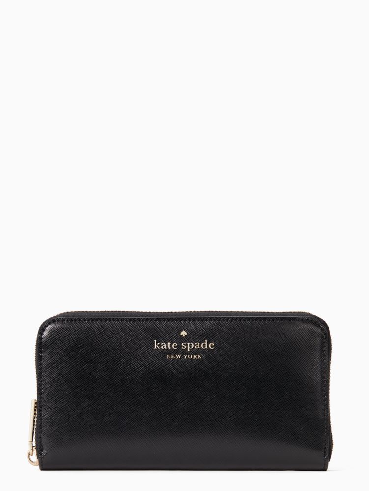 Kate Spade,Staci Large Continental Wallet,Leather,Continental,Metal,Logo,Gusset,Silver Metal,Casual,Black