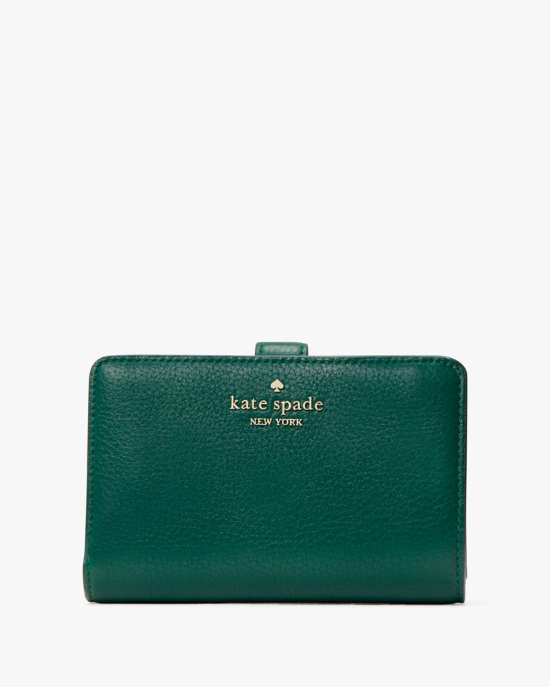 Kate Spade,Leila Medium Compact Bifold Wallet,Leather,Continental,Bi Fold,Metal,Logo,Silver Metal,Casual,
