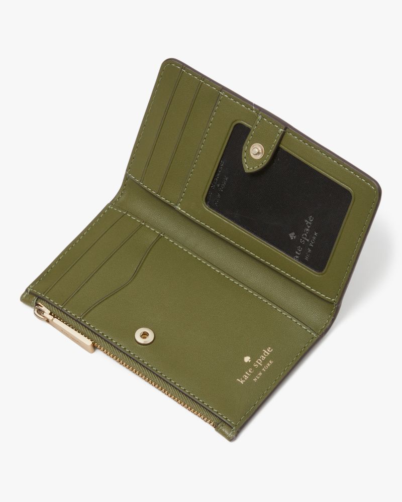 Kate Spade,Leila Small Slim Bifold Wallet,Leather,Continental,Bi Fold,Metal,Logo,Silver Metal,Casual,Olive