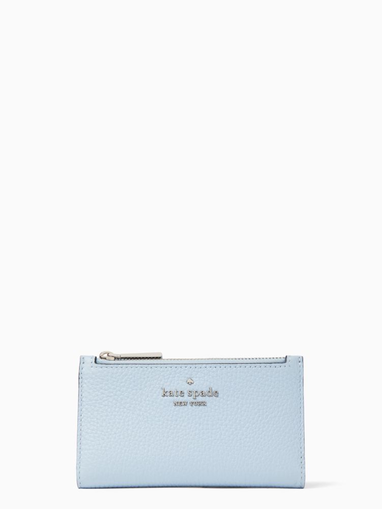 Kate Spade,Leila Small Slim Bifold Wallet,Leather,Bi Fold,Continental,Metal,Logo,Silver Metal,Casual,