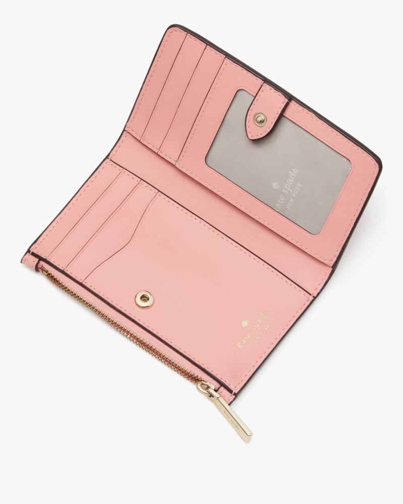 Kate Spade,Leila Small Slim Bifold Wallet,Leather,Continental,Bi Fold,Metal,Logo,Silver Metal,Casual,Pink