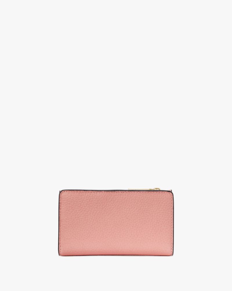 Kate Spade,Leila Small Slim Bifold Wallet,Leather,Continental,Bi Fold,Metal,Logo,Silver Metal,Casual,Pink