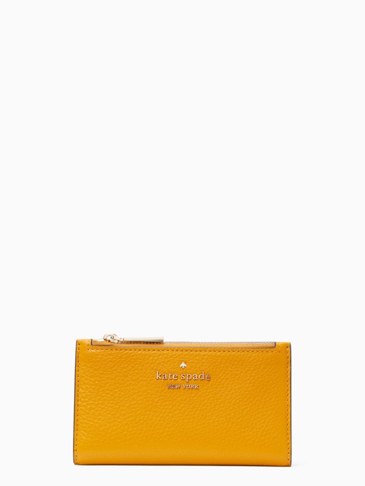 Kate Spade,Leila Small Slim Bifold Wallet,Leather,Continental,Bi Fold,Metal,Logo,Silver Metal,Casual,