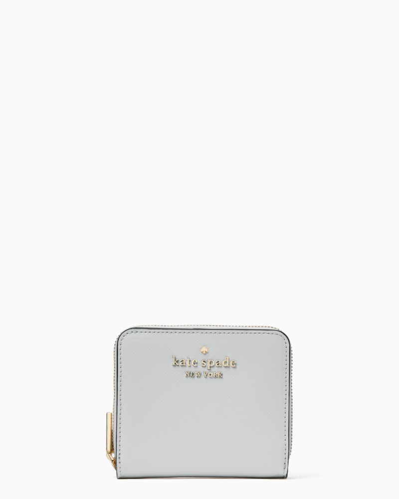 Kate Spade,Staci Small Zip Around Wallet,Leather,Bi Fold,Metal,Logo,Silver Metal,Casual,