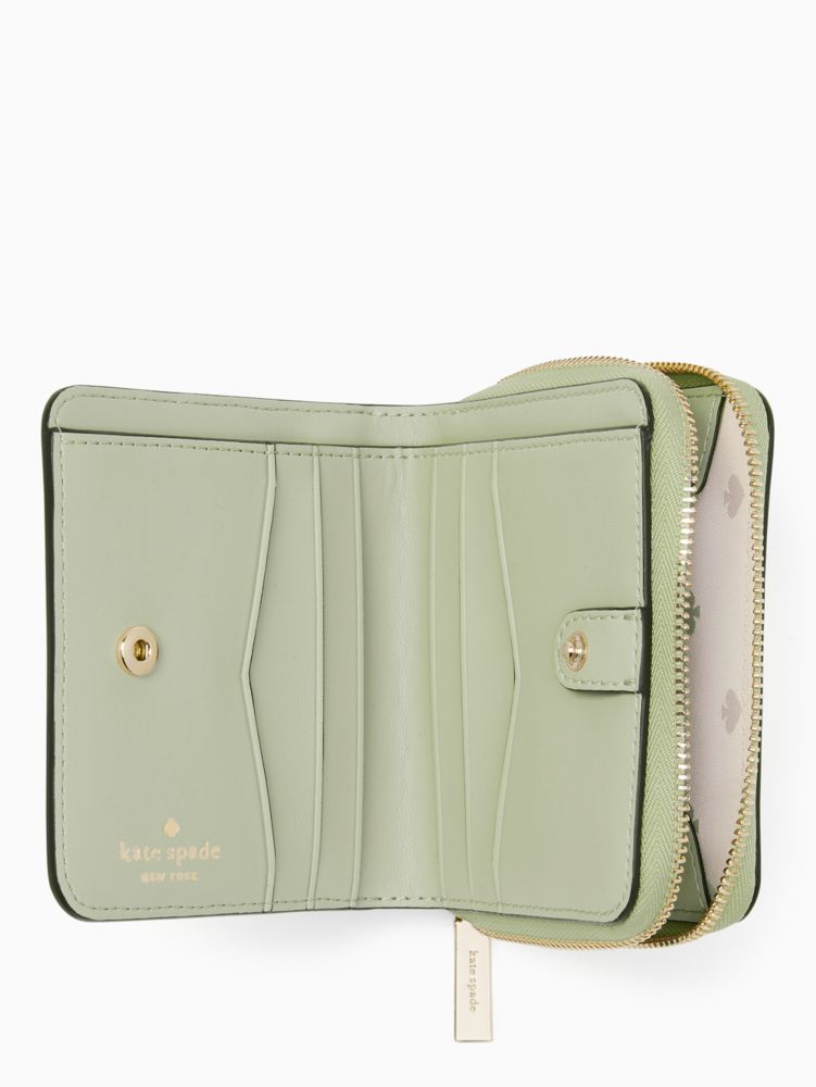 Kate Spade,Staci Small Zip Around Wallet,Leather,Bi Fold,Metal,Logo,Silver Metal,Casual,