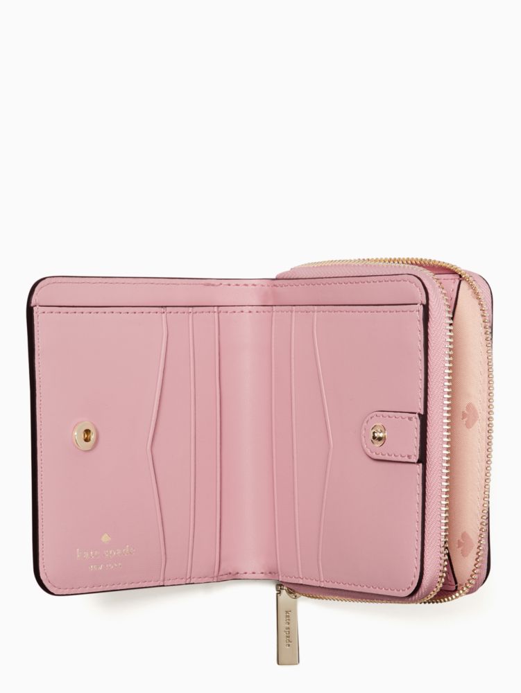 Kate Spade,Staci Small Zip Around Wallet,Leather,Bi Fold,Metal,Logo,Silver Metal,Casual,Pink